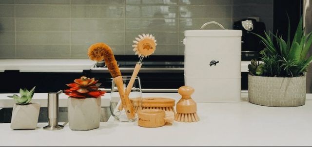 cleaning products on a kitchen countertop