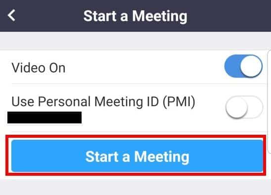 Mobile app Start a Meeting button