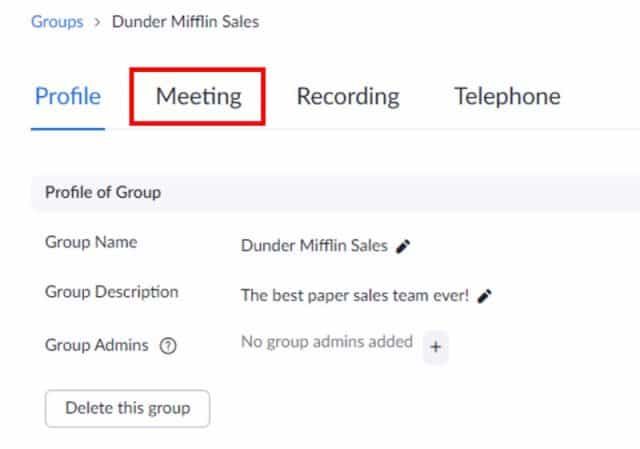 Meeting link under group settings