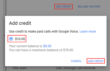 Add credit to Google Voice account