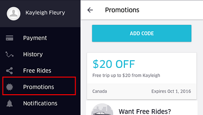 View available Uber promos by tapping Promotions in the Uber app