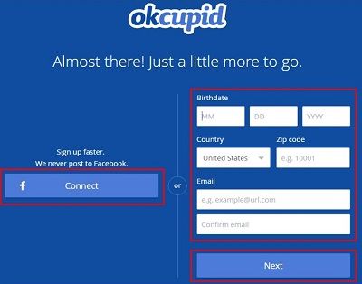 Enter your information to sign up for OkCupid