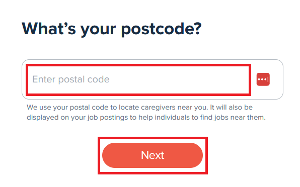 Entering your postal code to find nearby caregivers