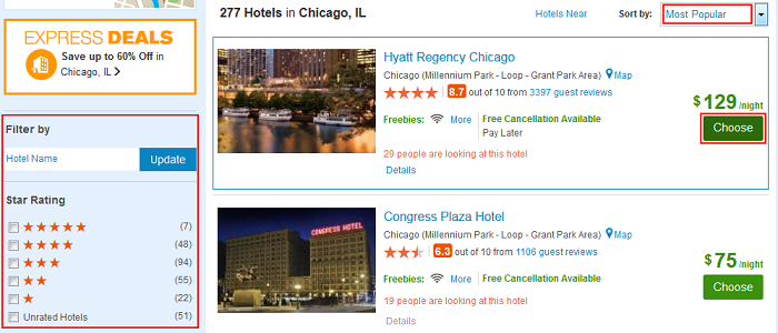 Choose a hotel by clicking on it