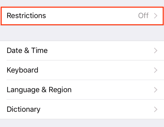 Settings for restrictions on your iOS device