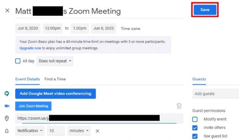 Google Calendar event for Zoom meeting with email invite icon highlighted