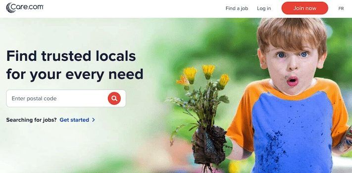 Care.com homepage with child gardening