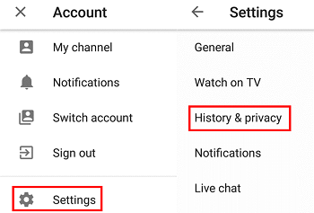 History and Privacy menu option