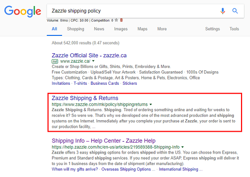 Shipping policy for Zazzle