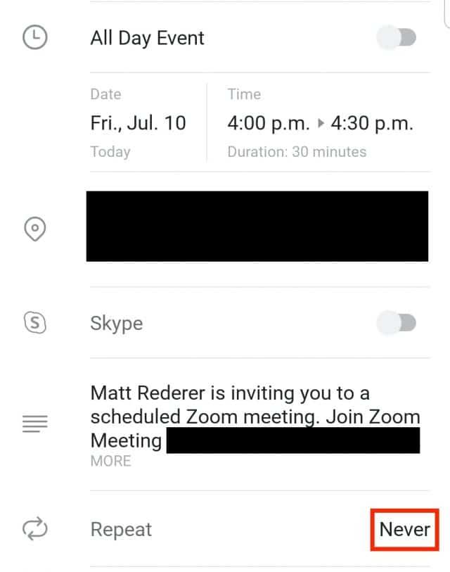 Never location on Outlook meeting screen