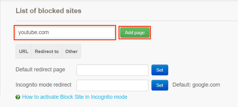 Add YouTube to your list of blocked sites