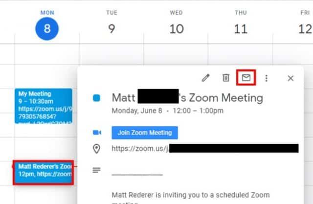 Google Calendar event for Zoom meeting with email invite icon highlighted