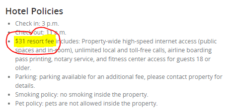 A hotel resort fee buried in the fine print of a Groupon deal