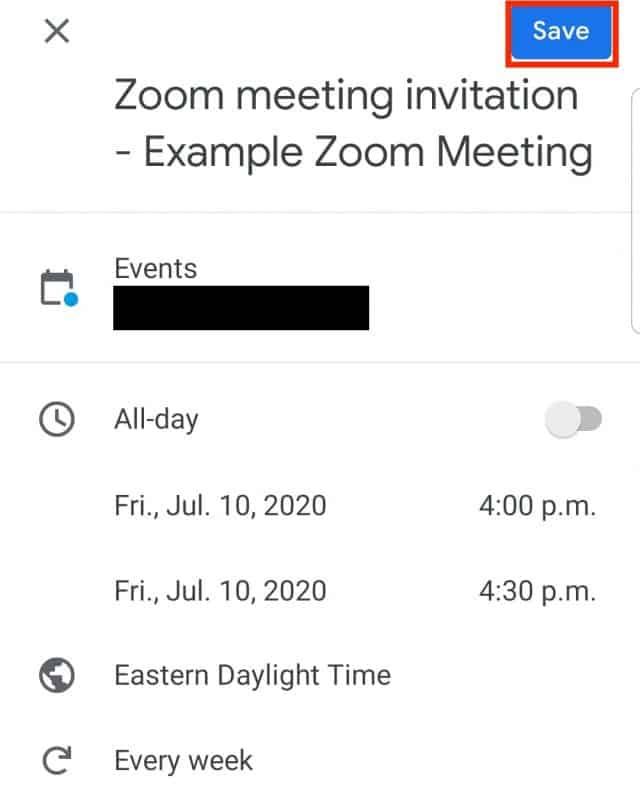 Save highlighted in the meeting settings in Google Calendar