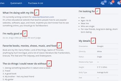 Edit aspects of your OkCupid profile by clicking the green pencil icon