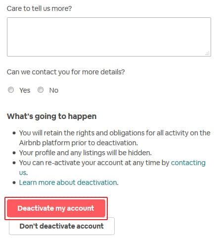 What the web page for deactivating an Airbnb account looks like