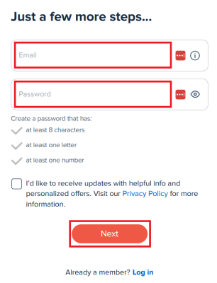 Choose an email address and password for your account