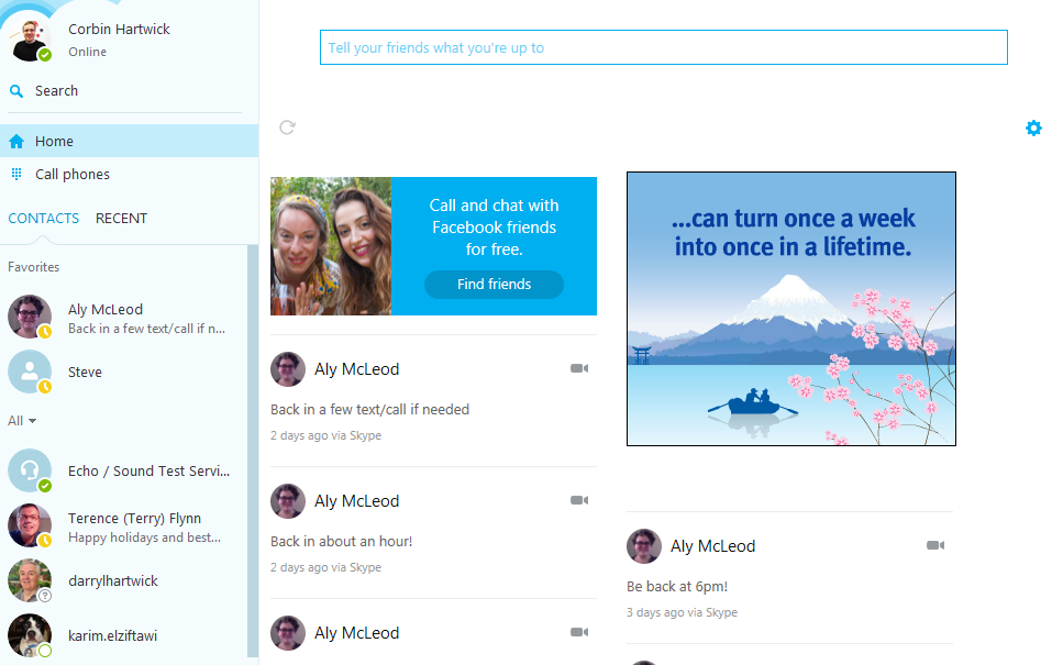 What you will see on the main screen of Skype