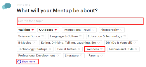 Click categories and interests to indicate what your group will be related to