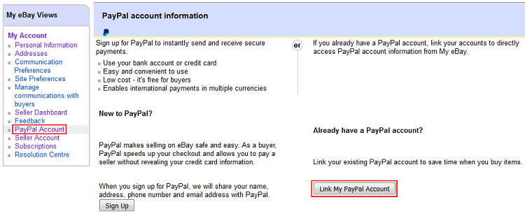 Link PayPal account button