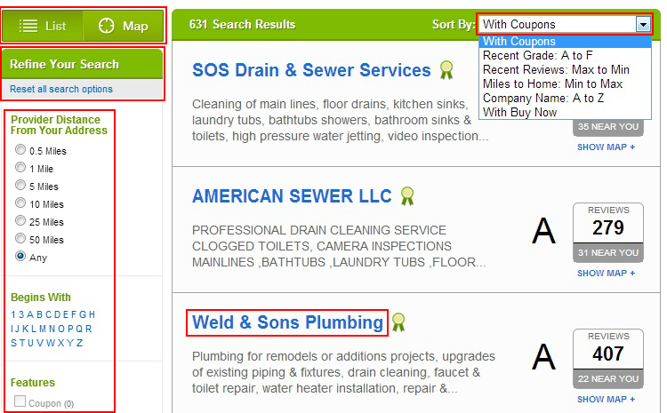 How to sort or filter businesses on the Angie's List search page