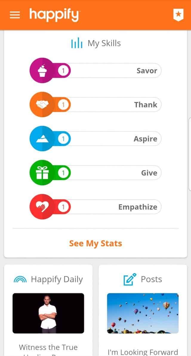Happify interface page with skills and daily meditation