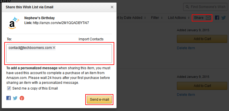 Share Wish List by email