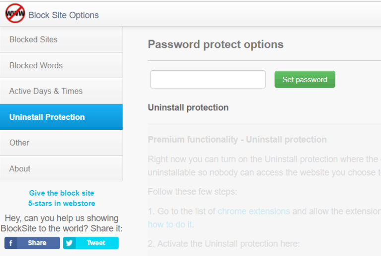 Adding password protection to uninstalling Block Site