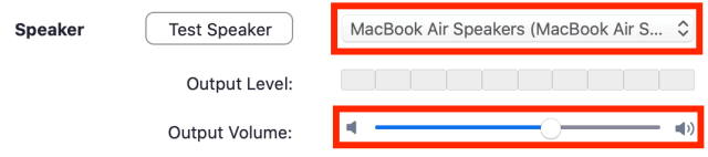 Speaker drop-down menu and Output Volume scale