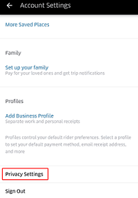 Uber privacy settings menu