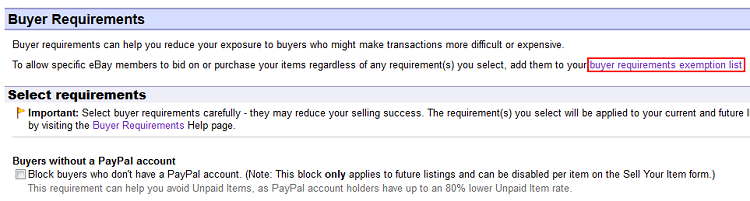 Buyer Requirements Exemption List button