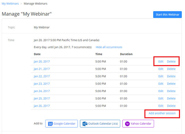 List of all dates for a recurring webinar