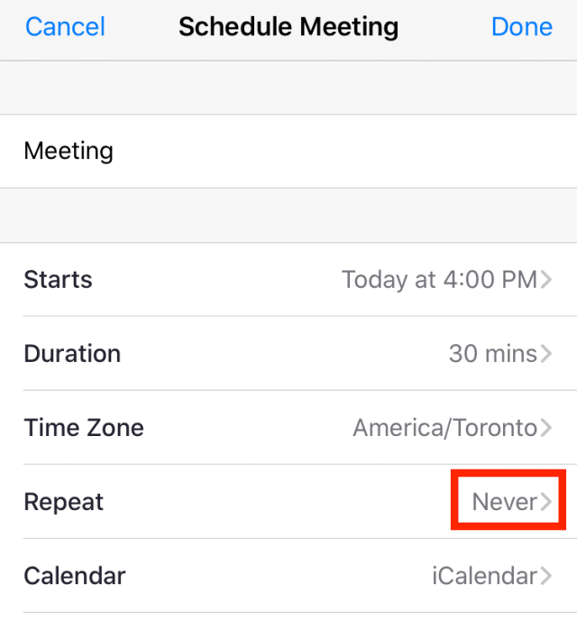 Schedule Meeting screen