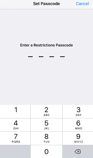 Enter a password for restrictions