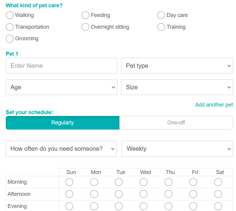 Specify details for the care type you select