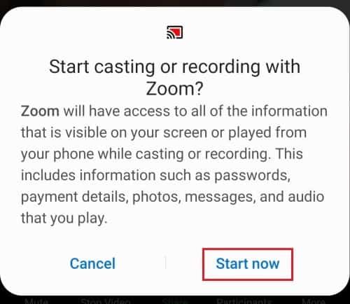 Disclaimer box when starting a Zoom screen share on Android