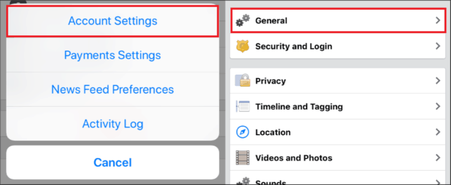 Navigating to your general account settings on the Facebook mobile app