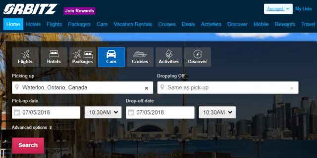 Screenshot of Orbitz home page