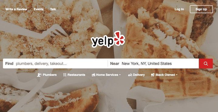 yelp homepage with food background