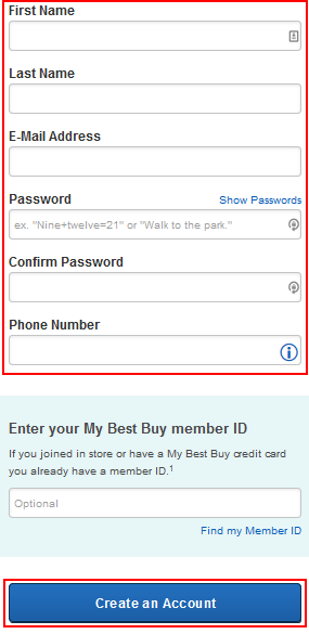 BestBuy.com account creation form