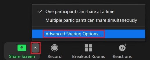 Advanced screen sharing options for a Zoom host