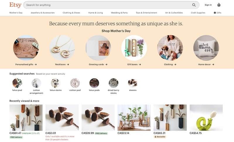 Etsy homepage