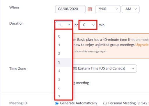 Browser client steps to set meeting duration