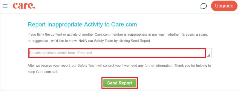 Writing a report on a Care.com user and sending it to Care.com