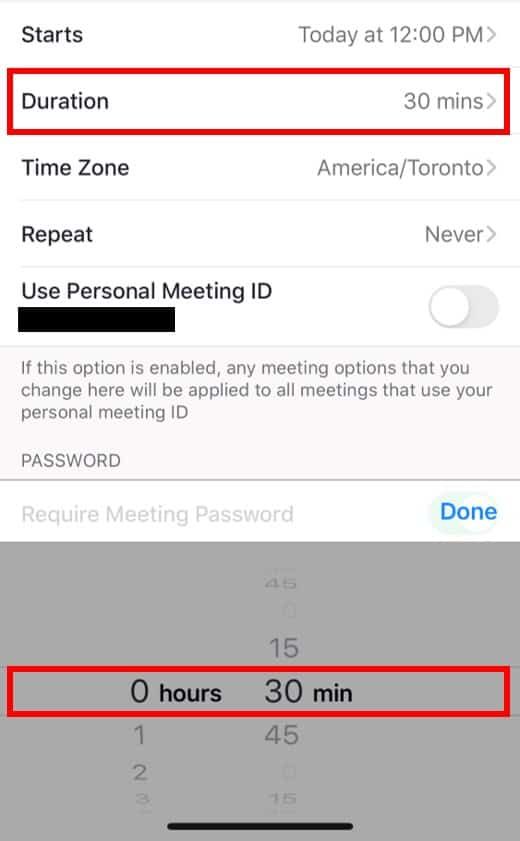 iOS schedule meeting duration selection