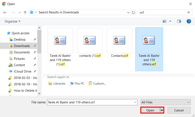 Finding the exported vCard file in your Downloads folder