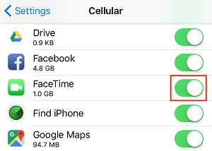 Allow FaceTime access to data services toggle