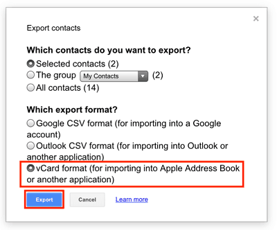 vCard Export button