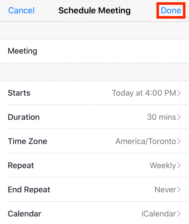 Schedule meeting screen