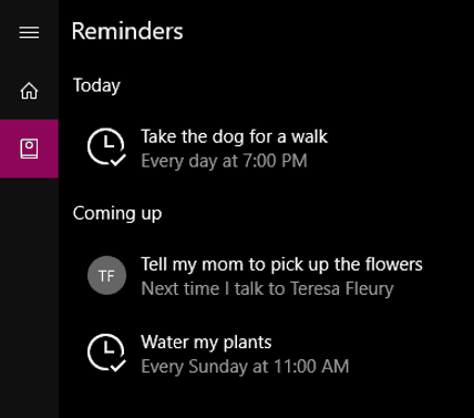 Examples of reminders in Cortana